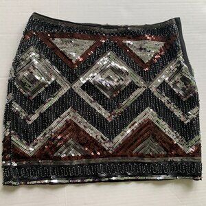 H&M Holiday Party Christmas Beaded sequin mini skirt 8 Black Brown Silver